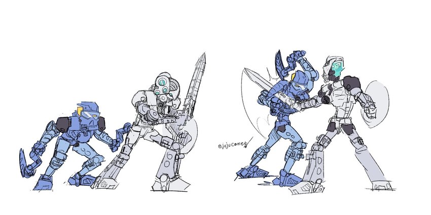 armor battle blue_body blue_eyes duo fight fingers holding_object holding_weapon hook lego_brick looking_at_another machine mask melee_weapon mouthless not_furry shield simple_background standing sword training weapon white_body yellow_eyes jujucomet bionicle lego gali kopaka humanoid robot toa 2:1 digital_drawing_(artwork) digital_media_(artwork) hi_res