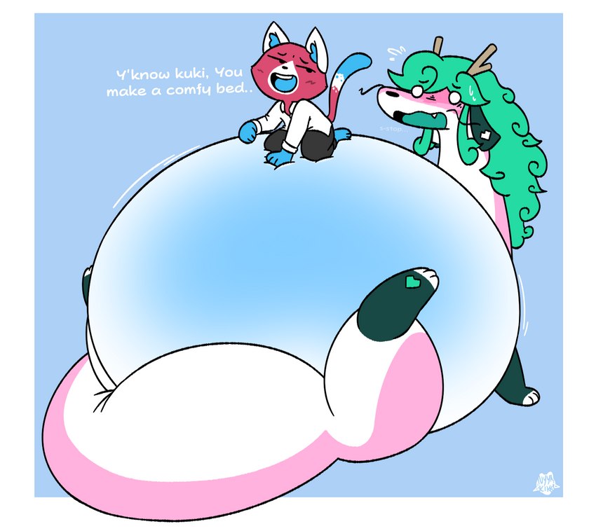 anthro belly big_belly big_tail blue_body blue_fur blue_tongue bodily_fluids clothing duo embarrassed female fur green_hair green_tongue hair heart_symbol horn huge_belly hyper hyper_belly inflation kneading leg_markings long_hair lying male markings on_back overweight overweight_female pawpads pink_body pink_fur raised_leg red_body red_fur size_difference smug socks_(marking) sweat sweatdrop tail teasing text tongue waterbed whiskers white_body white_fur foamytail asian_mythology east_asian_mythology mythology domestic_cat dragon eastern_dragon felid feline felis mammal mythological_creature mythological_scalie scalie english_text hi_res