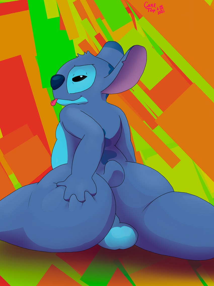 4_fingers anthro balls big_butt black_eyes blue_body blue_fur blue_nose butt fingers fur genitals head_tuft looking_at_viewer male notched_ear nude smile solo tongue tuft cake_top disney lilo_and_stitch stitch_(lilo_and_stitch) alien experiment_(lilo_and_stitch) mammal 3:4 absurd_res digital_media_(artwork) hi_res