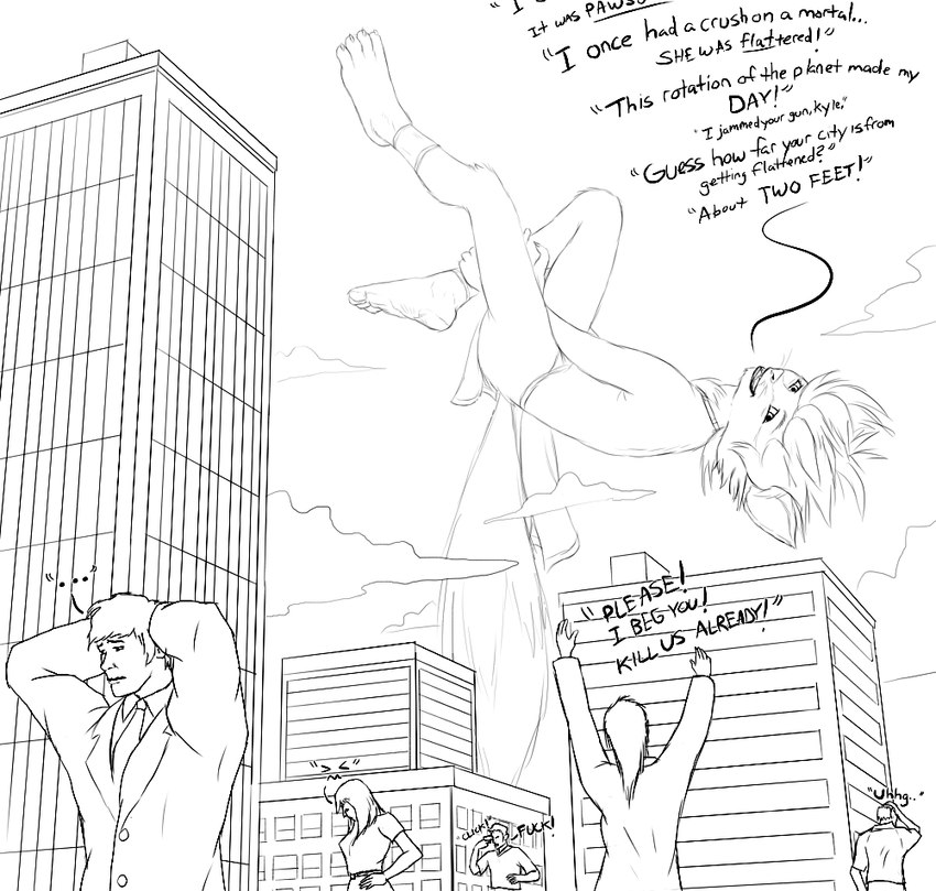 >_< ambiguous_gender anthro begging city clicking command ellipsis emoticon eyes_closed group humor larger_anthro larger_male macro male onomatopoeia size_difference smaller_ambiguous smaller_human sound_effects text ugh xtreme7 mordred canid canine fox human mammal 2016 english_text monochrome sketch