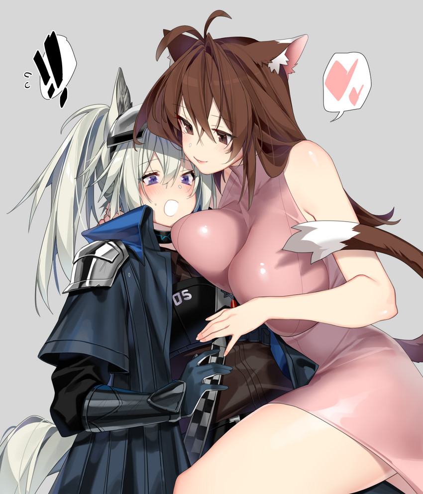 big_breasts breast_squish breasts brown_eyes brown_hair clothing duo exclamation_point female female/female gloves grey_hair hair handwear heart_symbol jacket purple_eyes simple_background smile squish surprise topwear deathalice arknights hypergryph studio_montagne female_doctor_(arknights) grani_(arknights) animal_humanoid cat_humanoid equid equid_humanoid felid felid_humanoid feline feline_humanoid humanoid mammal mammal_humanoid 2020 hi_res