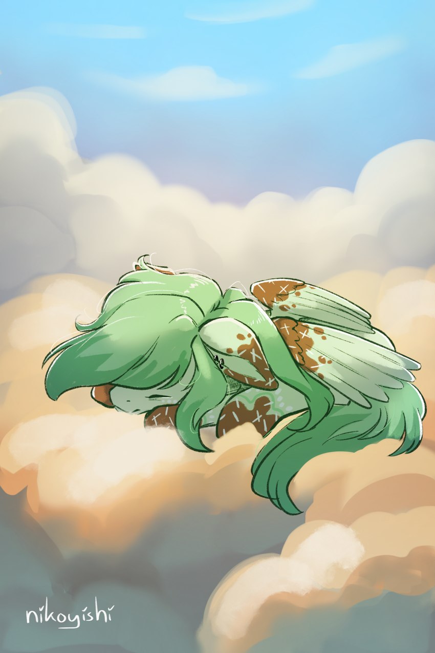 brown_body brown_fur cloud ear_piercing ear_ring eyes_closed feathered_wings feathers female feral fur green_body green_fur green_mane green_tail mane piercing ring_piercing sleeping solo sprinkles sprinkles_in_fur tail wings conditional_dnp nikoyishi hasbro my_little_pony fan_character pistachio_winter_(nikoyishi) 2024 2:3 digital_media_(artwork) hi_res shaded signature