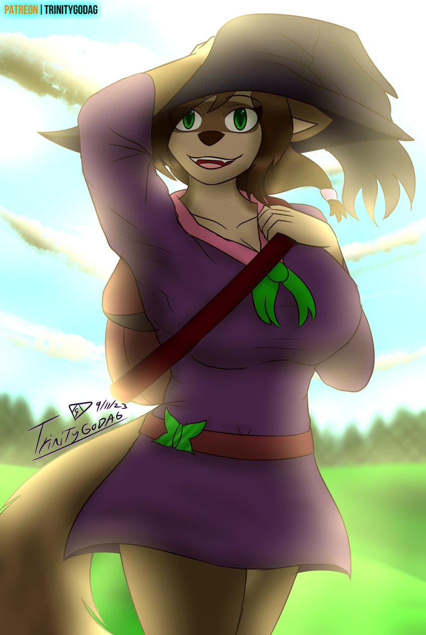 anthro backpack bottomwear breasts brown_body brown_fur brown_hair butterfly_(accessory) cleavage clothed clothing cloud female fur green_eyes hair hat headgear headwear intense_lighting magic_user painted_background ponytail purple_clothing rim_light skirt sky smile solo tail tan_body tan_fur witch witch_costume witch_hat trinitygodag patreon sada_(trinitygodag) canid canine canis mammal wolf absurd_res hi_res shaded signature