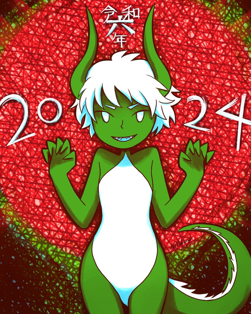 female green_body green_skin horn solo tail nekobungi chinese_zodiac mythology new_year_2024 year_of_the_dragon animal_humanoid dragon dragon_humanoid humanoid mythological_creature mythological_scalie scalie 4:5 hi_res