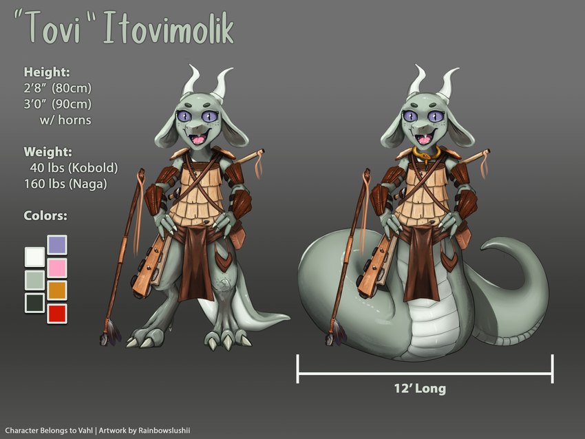 anthro apode armor blowpipe bottomwear clothing female flat_chested green_body green_scales horn jewelry legless loincloth macuahuitl melee_weapon necklace polearm purple_eyes scales serpentine slightly_chubby sling_(weapon) solo spear split_form text weapon rainbow_slushii_(artist) tovi draconcopode hybrid kobold lamia reptile scalie snake 4:3 absurd_res english_text hi_res model_sheet