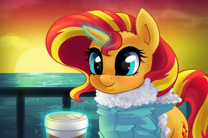 beverage clothing coffee container cup cutie_mark female feral food hair horn levitation magic multicolored_hair outside sea smile solo sunset two_tone_hair water johansrobot steffy-beff equestria_girls hasbro my_little_pony mythology sunset_shimmer_(eg) equid equine mammal mythological_creature mythological_equine unicorn 2016 3:2 absurd_res artist_collaboration hi_res