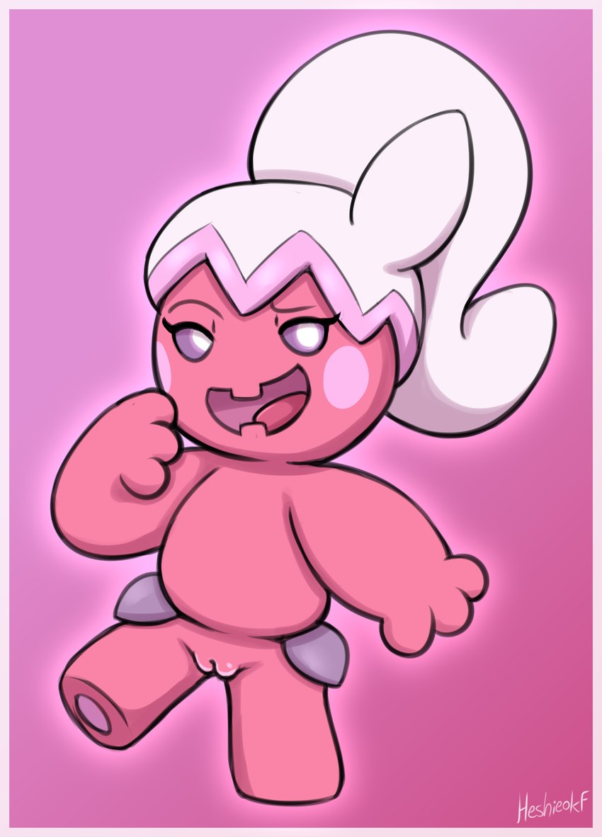 blush blush_stickers border female genitals hair pink_background pink_body pink_hair pussy simple_background solo heshieokf nintendo pokemon generation_9_pokemon humanoid pokemon_(species) tinkatuff hi_res signature