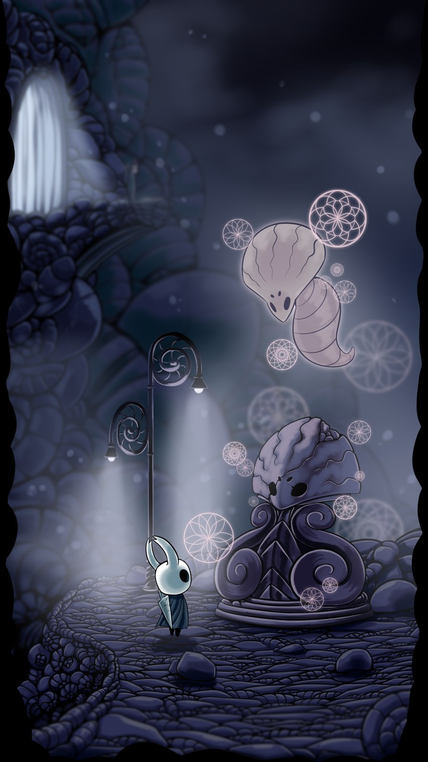 2_horns ambiguous_gender black_eyes black_legs cloak clothing detailed_background duo featureless_feet feet floating horn looking_at_another nail_(weapon) outside rock sculpture shadow standing statue street_lamp weapon weapon_on_back white_head sol-lar-bink hollow_knight team_cherry gorb_(hollow_knight) the_knight_(hollow_knight) arthropod ghost spirit vessel_(species) 2020 9:16 absurd_res digital_media_(artwork) hi_res