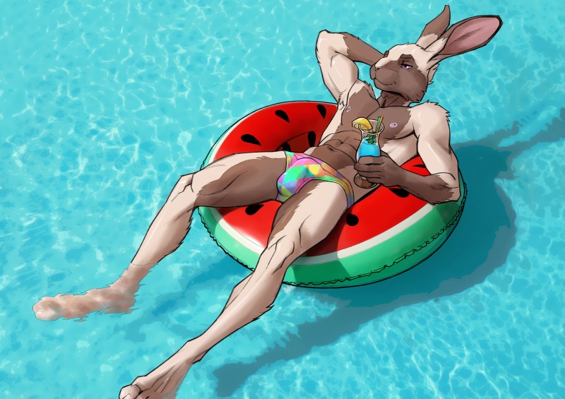 5_fingers abs anthro armpit_hair arms_bent athletic athletic_anthro athletic_male bare_chest bent_legs beverage biceps body_hair bulge clothed clothing detailed_bulge fingers food_pool_toy food_print foot_in_water fruit_pool_toy fruit_print genital_outline hand_behind_head inflatable inflatable_ride inflatable_support inner_tube legs_over_edge lying lying_on_pool_toy male navel nipples on_back on_pool_toy on_swim_ring over_edge partially_submerged pecs penis_outline pink_eyes plant_print pool_float pool_toy print_pool_toy raised_arm solo speedo sunken_seat supported_arm supported_legs swim_ring swimwear topless up_and_over water watermelon_pool_toy watermelon_print billmund lagomorph leporid mammal rabbit absurd_res hi_res