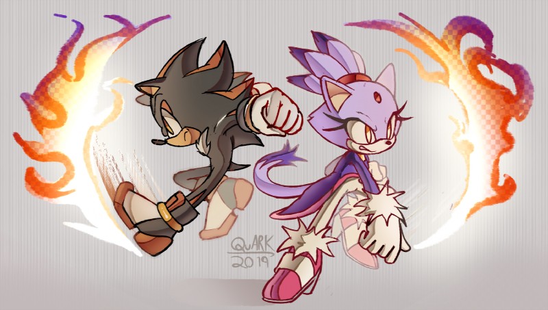 anthro clothing duo female fire gloves hair handwear male ponytail sitting quark19601 sega sonic_the_hedgehog_(series) blaze_the_cat shadow_the_hedgehog eulipotyphlan felid feline hedgehog mammal 2019