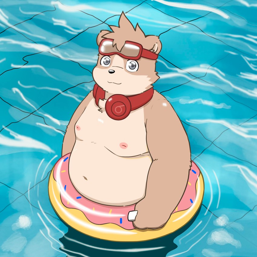 anthro belly black_nose brown_body brown_fur electronics fur headphones headphones_around_neck male navel nipples overweight solo water young xxxyamayidaqi bear mammal 1:1 2022 hi_res