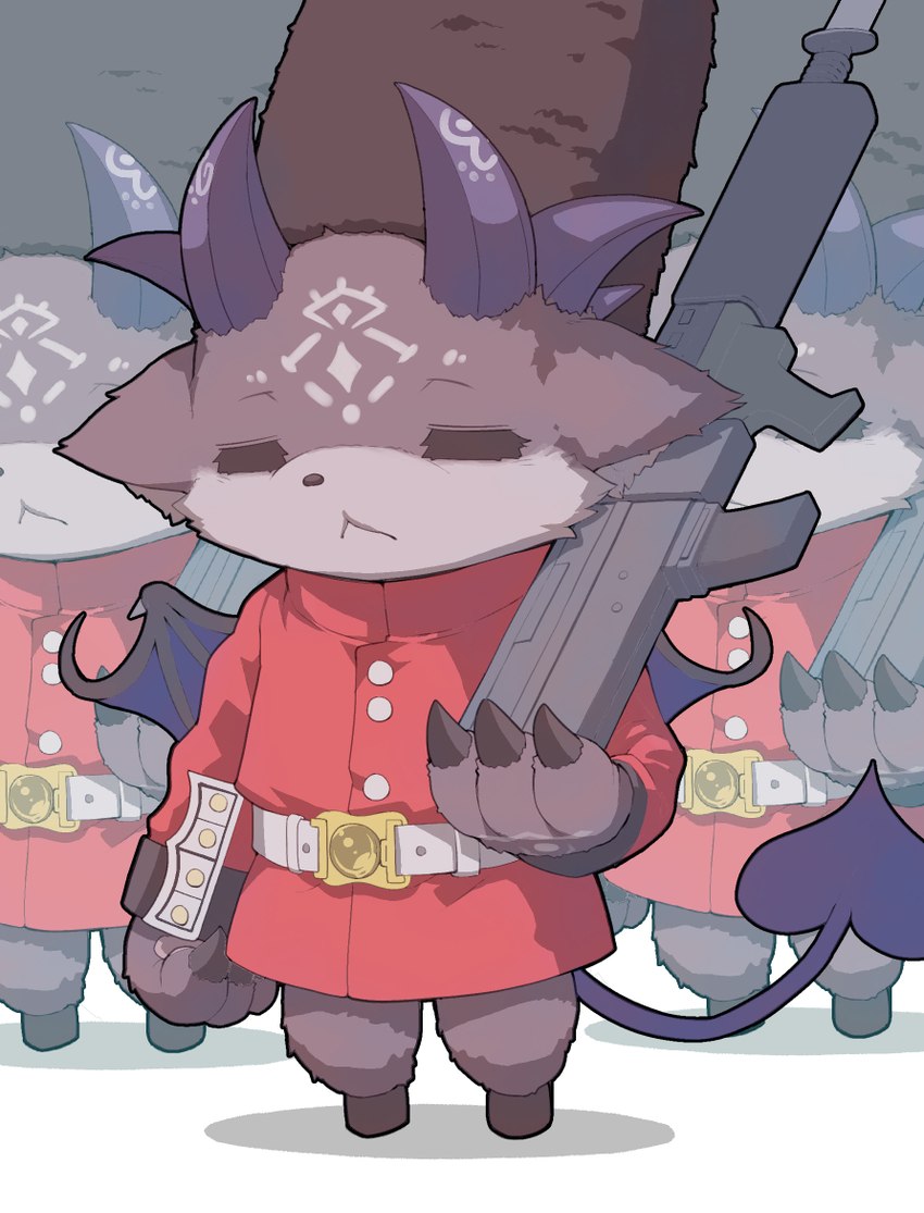 ambiguous_gender anthro bearskin biped british clothing fur grey_body grey_fur group gun hat head_horn headgear headwear holding_gun holding_object holding_ranged_weapon holding_weapon hooves horn jacket membrane_(anatomy) membranous_wings ranged_weapon semi-anthro simple_background spade_tail tail topwear trio weapon white_background wings oribiyo nijisanji vtuber debidebi_debiru demon