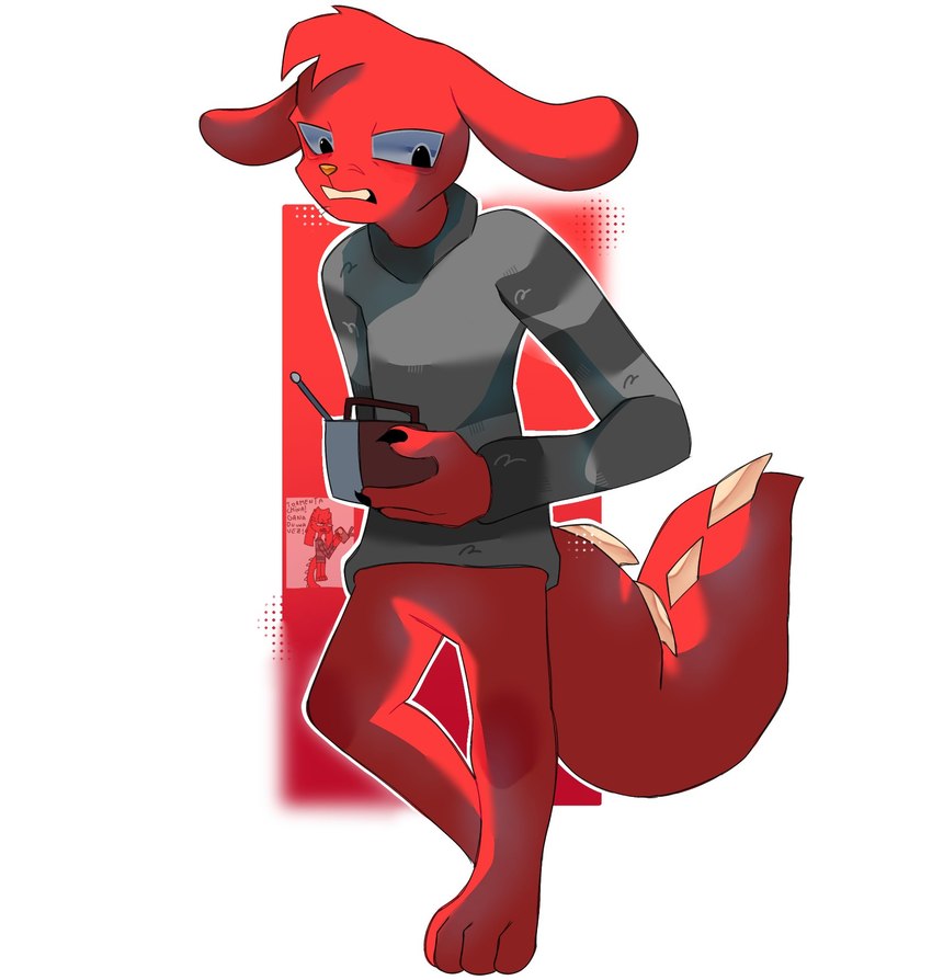 angry anthro clothed clothing grey_clothing grey_shirt grey_topwear male partially_clothed red_body shirt solo topwear walking jeleshom ambiguous_species hi_res