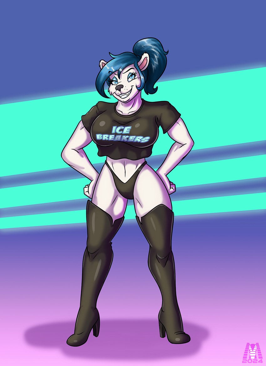 black_clothing black_shirt black_t-shirt black_topwear blue_hair boots clothing female footwear hair high_heeled_boots high_heels legwear shirt shoes solo t-shirt thigh_boots thigh_highs topwear mlock claudia_j._polar bear mammal polar_bear ursine 2024 hi_res