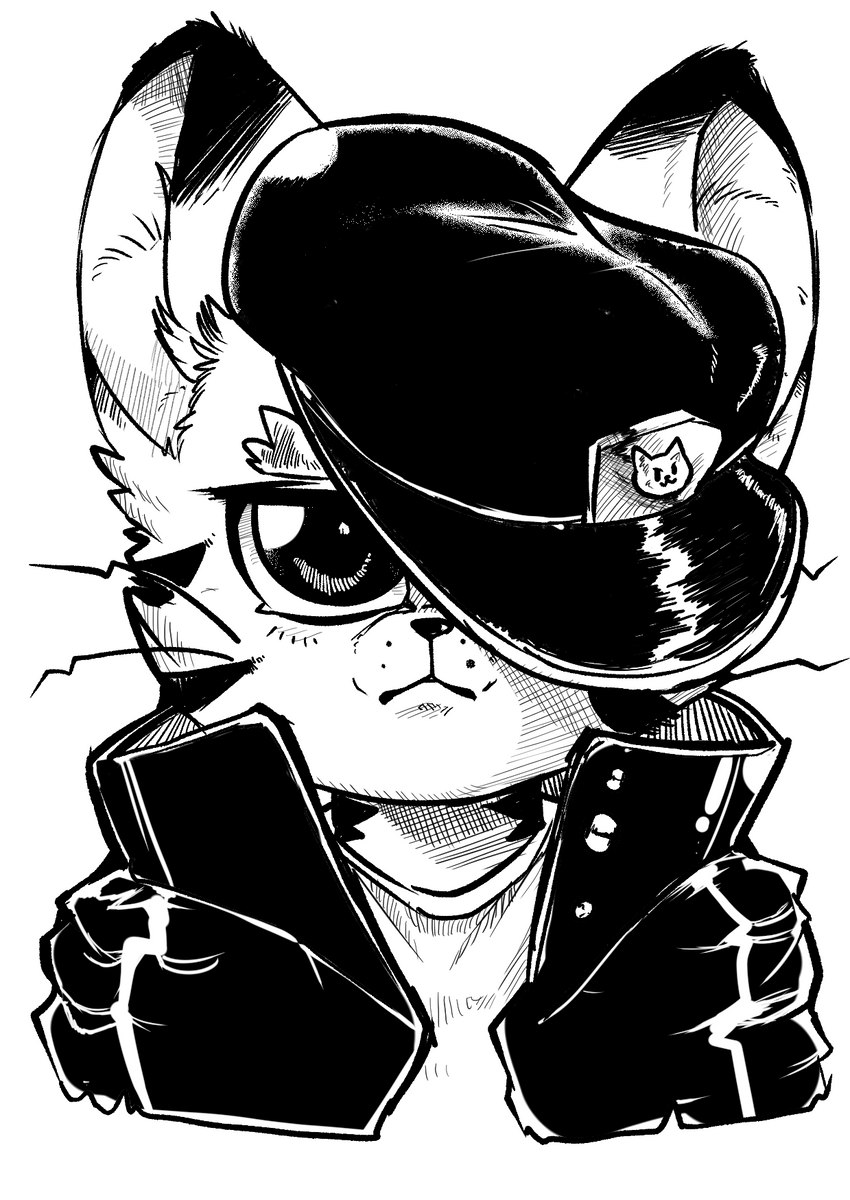 anthro clothing hat headgear headwear jacket jotaro's_hat male one_eye_obstructed simple_background solo topwear whiskers kroenasneko jojo's_bizarre_adventure jotaro_kujo domestic_cat felid feline felis mammal bust_portrait hi_res monochrome portrait