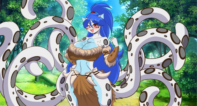 8_tails anthro big_breasts biped breasts clothed clothing eyebrows female fur hair happy long_hair looking_at_viewer midriff multi_tail smile solo tail mastergodai kaliancia felid mammal pantherine snow_leopard