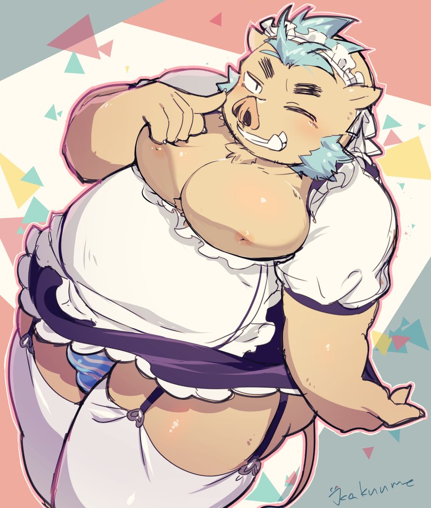 anthro belly blue_hair brown_body brown_fur bulge clothed clothing crossdressing detailed_bulge fur hair legwear male musclegut muscular nipples one_eye_closed panties pecs solo stockings suspenders underwear wink umekemo42 lifewonders tokyo_afterschool_summoners ganglie_(tas) mammal suid suina sus_(pig) wild_boar hi_res