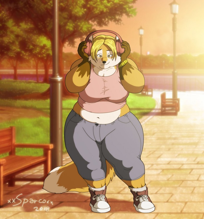 anthro belly bench big_breasts blonde_hair bottomwear breasts clock clothing electronics female footwear fur hair headphones multicolored_body multicolored_fur navel obese orange_body orange_fur overweight overweight_anthro overweight_female pants park river shirt shoes sleeveless_clothing sleeveless_shirt sneakers socks solo street_lamp text topwear two_tone_body two_tone_fur walkway watch water wristwatch xxsparcoxx michelle_(xxsparcoxx) canid canine fox mammal 2018 artist_name digital_media_(artwork) hi_res