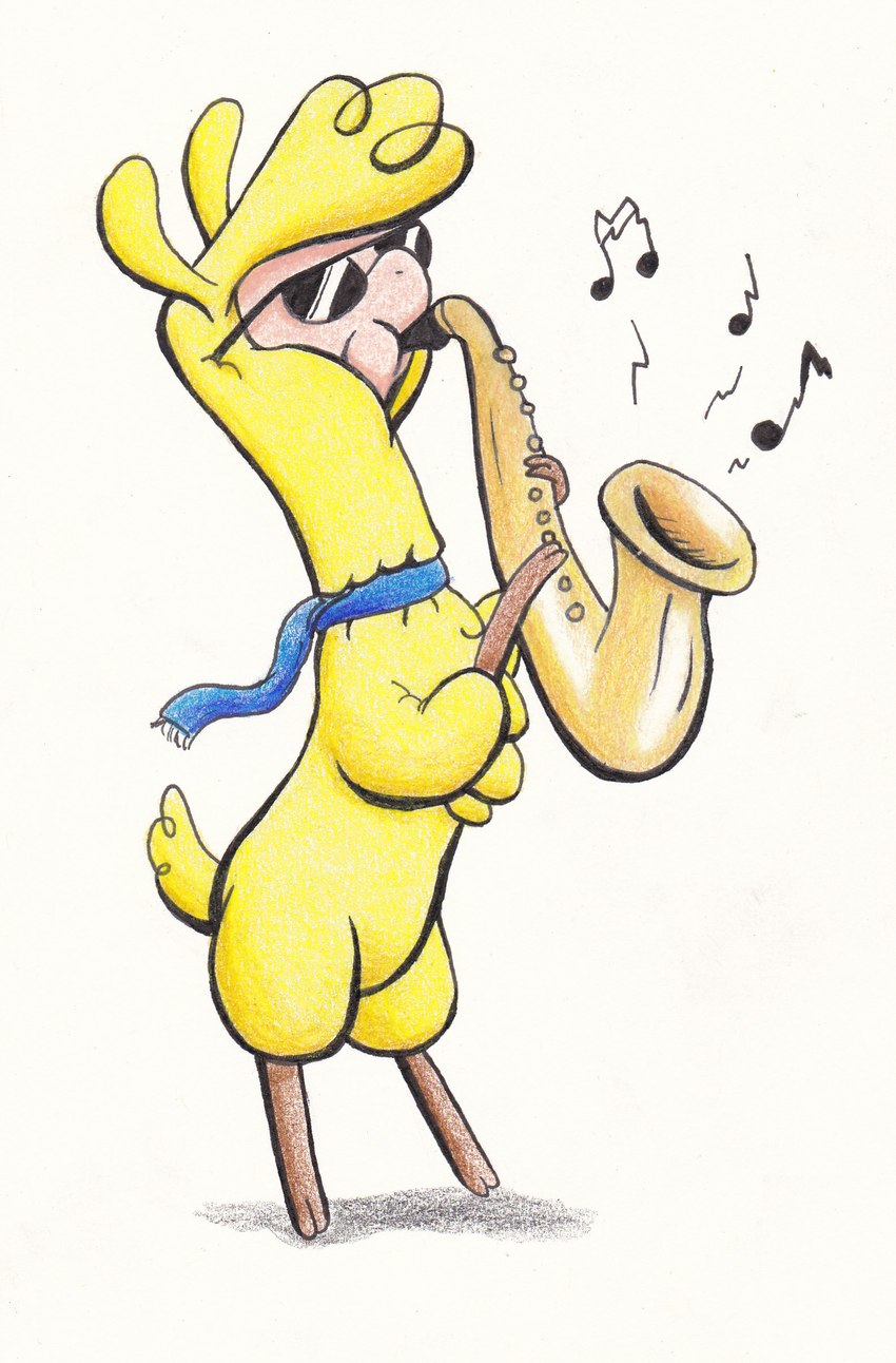 accessory blue_scarf brown_hooves chest_tuft eyewear female feral fur holding_musical_instrument holding_object hooves musical_instrument musical_note musical_symbol playing_music saxophone scarf simple_background solo sunglasses symbol tuft white_background wind_instrument woodwind_instrument wool_(fur) yellow_body lost_marbles epic_sax_guy eurovision_song_contest them's_fightin'_herds paprika_paca_(tfh) alpaca camelid mammal 2018 absurd_res colored_pencil_(artwork) hi_res traditional_media_(artwork)