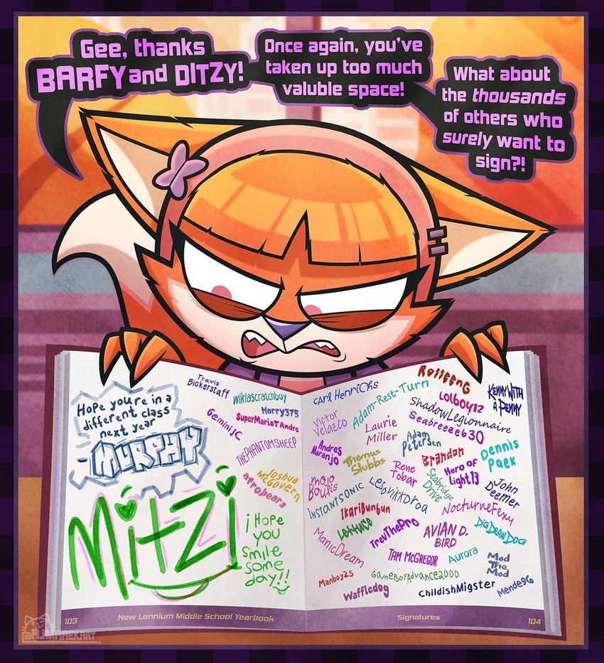 angry autograph character_signature clothing female fingers fur hair hoodie orange_body orange_fur orange_hair pink_eyes post purple_clothing purple_hoodie purple_nose purple_topwear solo tail teeth text thanks_for_watching tongue topwear white_body white_fur yearbook ajmarekart murphy_and_mitzi vivian_(ajmarekart) canid canine fox mammal colored english_text hi_res