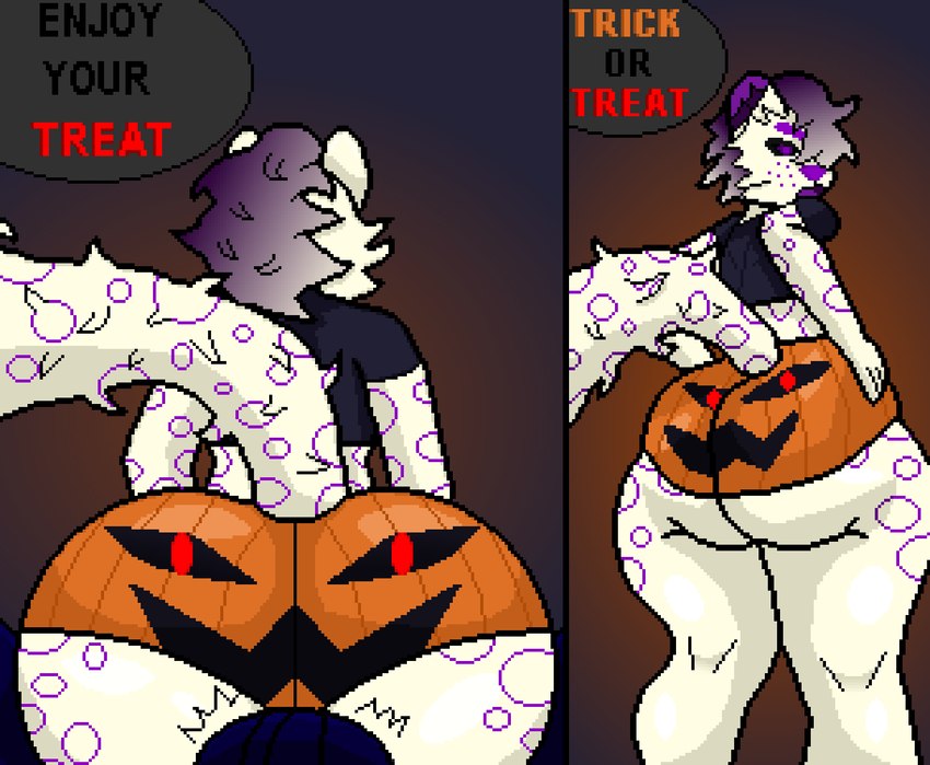 anthro big_butt black_sclera bulge butt clothed clothing duo fur hair holidays looking_at_viewer looking_back male male/male markings presenting presenting_hindquarters pumpkin_butt purple_eyes rear_view simple_background sitting sitting_on_another speech_bubble spots spotted_body tail text thick_thighs white_body white_fur saskatoon_nu halloween coffeez felid lagomorph leporid mammal pantherine snow_leopard digital_drawing_(artwork) digital_media_(artwork) english_text hi_res