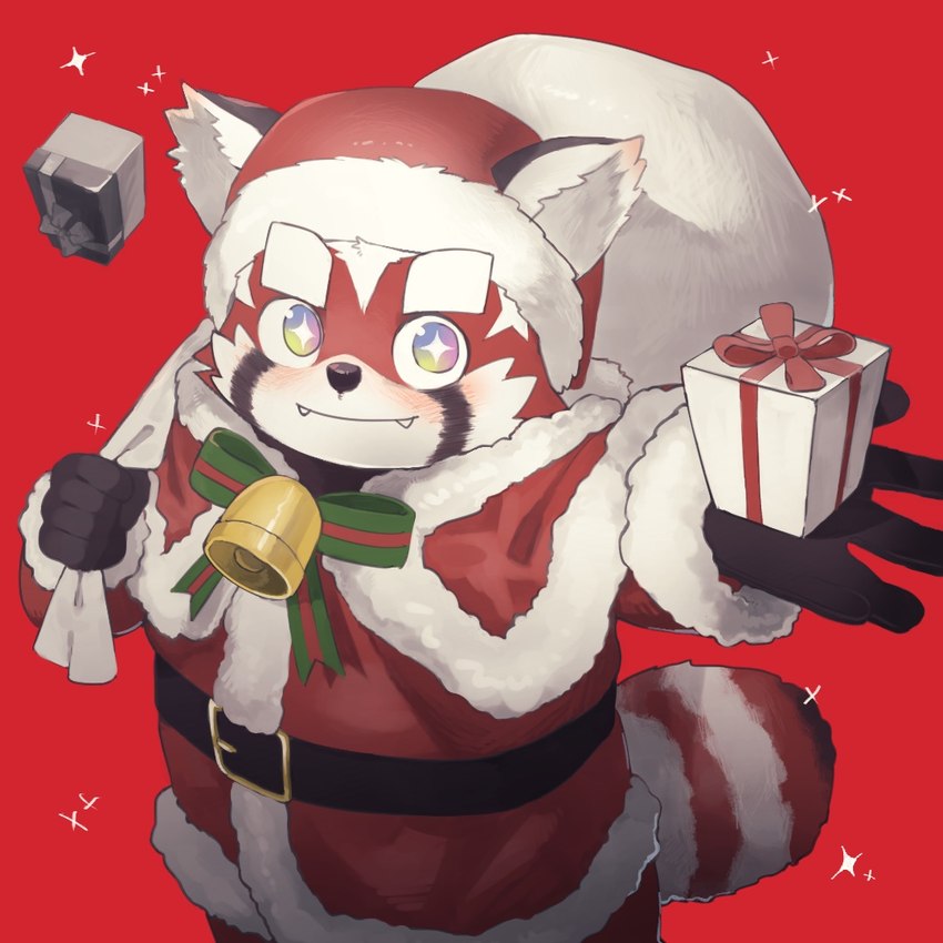 anthro bell bell_collar belt blush christmas_clothing christmas_headwear clothing collar costume fur hat headgear headwear holidays male red_body red_fur santa_costume santa_hat solo young young_anthro batten_xxxx christmas lifewonders tokyo_afterschool_summoners zhurong_(tas) ailurid mammal red_panda 1:1