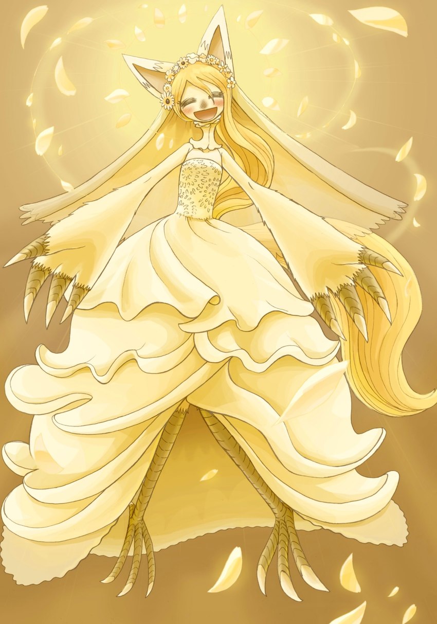 accessory anthro blonde_hair blush claws clothing dress eyelashes feet female flower flower_in_hair hair hair_accessory knock-kneed long_hair open_mouth petals plant simple_background smile solo talons toes wedding_dress wreath yellow_background sho_shibamoto pandemonium_wizard_village domika avian bird canid canine fox hybrid mammal full-length_portrait hi_res portrait