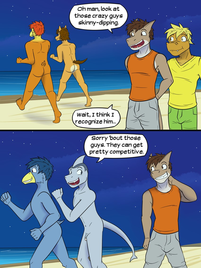 anthro beach bottomwear butt clothed clothed/nude clothed_male clothing dialogue feet flaccid foot_focus fully_clothed genitals group hand_behind_neck humanoid_feet humanoid_genitalia humanoid_heel humanoid_penis looking_at_another male night nude nude_male outdoor_nudity outside pants penis plantigrade public public_nudity raised_heel running sea seaside shirt skinny_dipping social_nudity soles streaking t-shirt tank_top text tiptoes topwear water fuze texnatsu ian_dela_cruz johnny_(texnatsu) josh_oliver mond_reyes avian bird bluebird canid canine canis chicken coyote fish galliform gallus_(genus) mammal marine oscine passerine phasianid scalie shark thrush_(bird) 3:4 comic english_text hi_res