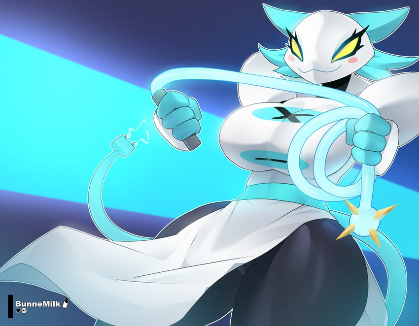 abstract_background big_breasts breasts cable_tail clothing curvy_figure dress eyelashes female hair holding_object holding_whip machine short_hair smile solo thick_thighs voluptuous whip white_hair wide_hips yellow_eyes bunnemilk deltarune undertale_(series) tasque_manager darkner felid mammal robot 2023 artist_name hi_res