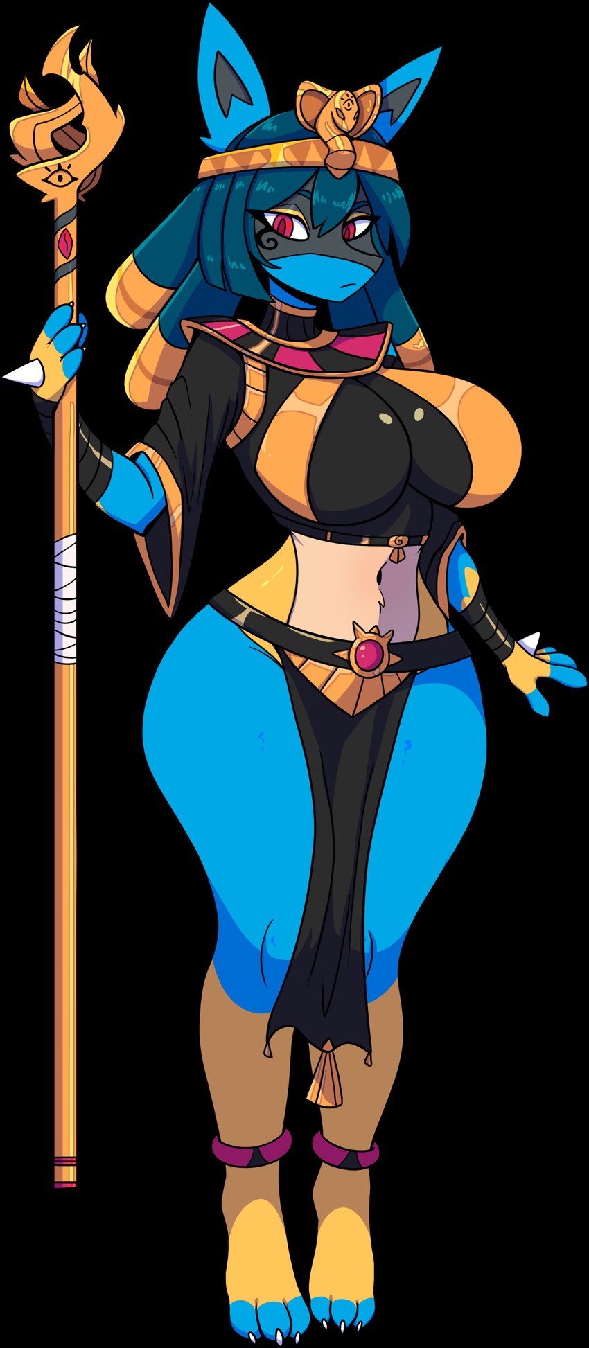 anklet anthro big_breasts black_clothing breasts clothing crown female gem gold_(metal) gold_eyeshadow gold_staff headgear jewelry midriff red_eyes red_gem solo staff stern_look kekitochan_(artist) nintendo pokemon generation_4_pokemon lucario pokemon_(species) absurd_res hi_res