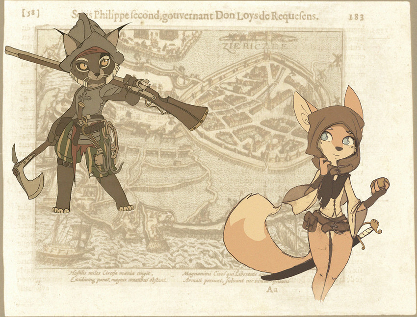 anthro arquebus axe blue_eyes clothed clothing duo female gun hood melee_weapon military musket partially_clothed ranged_weapon soldier sword warrior weapon yellow_eyes dragancah sciencefox liselot_(dragancah) ximena_(dragancah) canid canine canis felid feline fox iberian_lynx lynx mammal red_fox true_fox