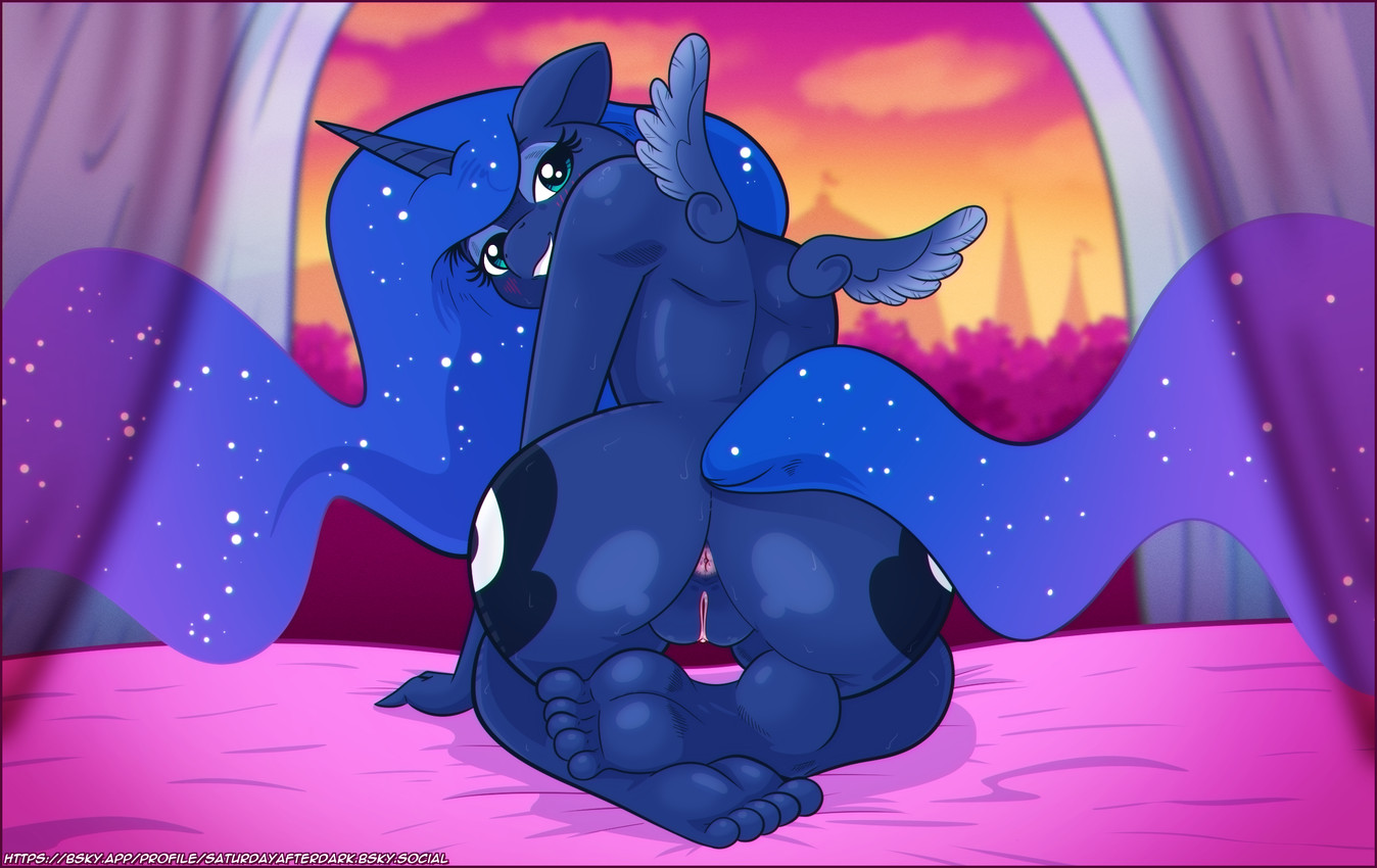 anthro anus bed blue_body blue_eyes blue_eyeshadow blue_hair blue_tail border cutie_mark ethereal_hair ethereal_tail eyeshadow feet female furniture genitals hair horn humanoid_feet kneeling_on_bed looking_at_viewer looking_back looking_back_at_viewer makeup on_bed plantigrade purple_border solo sparkles tail vulva wings saturdaymorningproj friendship_is_magic hasbro my_little_pony mythology princess_luna_(mlp) equid equine mammal mythological_creature mythological_equine winged_unicorn hi_res