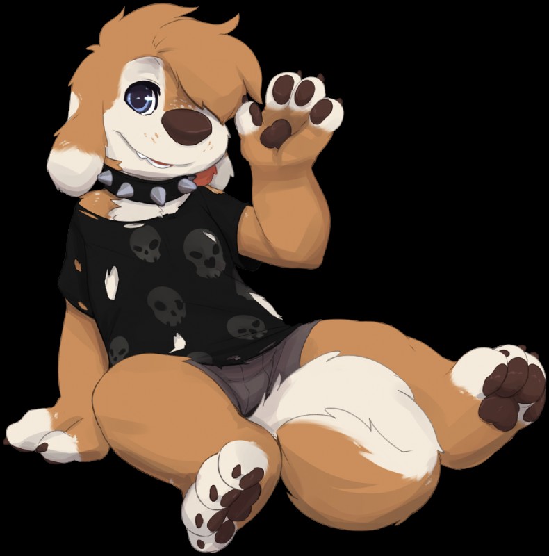 :3 anthro bone bottomwear clothing collar curled_tail gesture hair looking_at_viewer male pawpads paws shirt shorts skull smile solo spiked_collar spikes tail topwear torn_clothing waving young young_anthro seth-iova leopup canid canine canis domestic_dog mammal alpha_channel