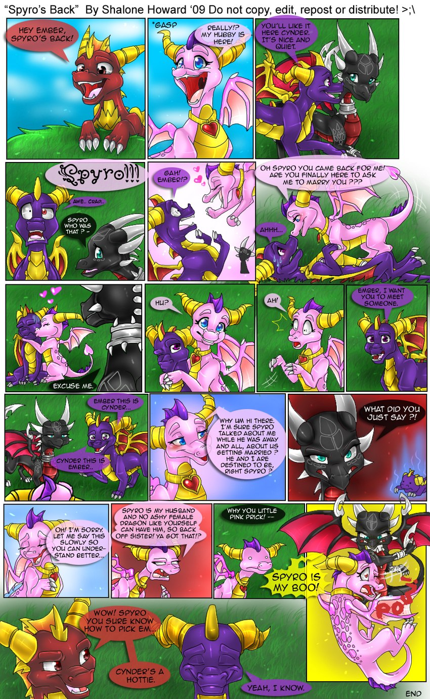 2_horns angry blush dialogue female feral fight flirting group harassment horn jealous jewelry male multi_horn necklace pinned pinned_to_ground speech_bubble tail text wings shalonesk activision mythology spyro_the_dragon the_legend_of_spyro cynder ember_(spyro) flame_(spyro) spyro dragon mythological_creature mythological_scalie scalie 2009 comic dated digital_media_(artwork) english_text hi_res signature