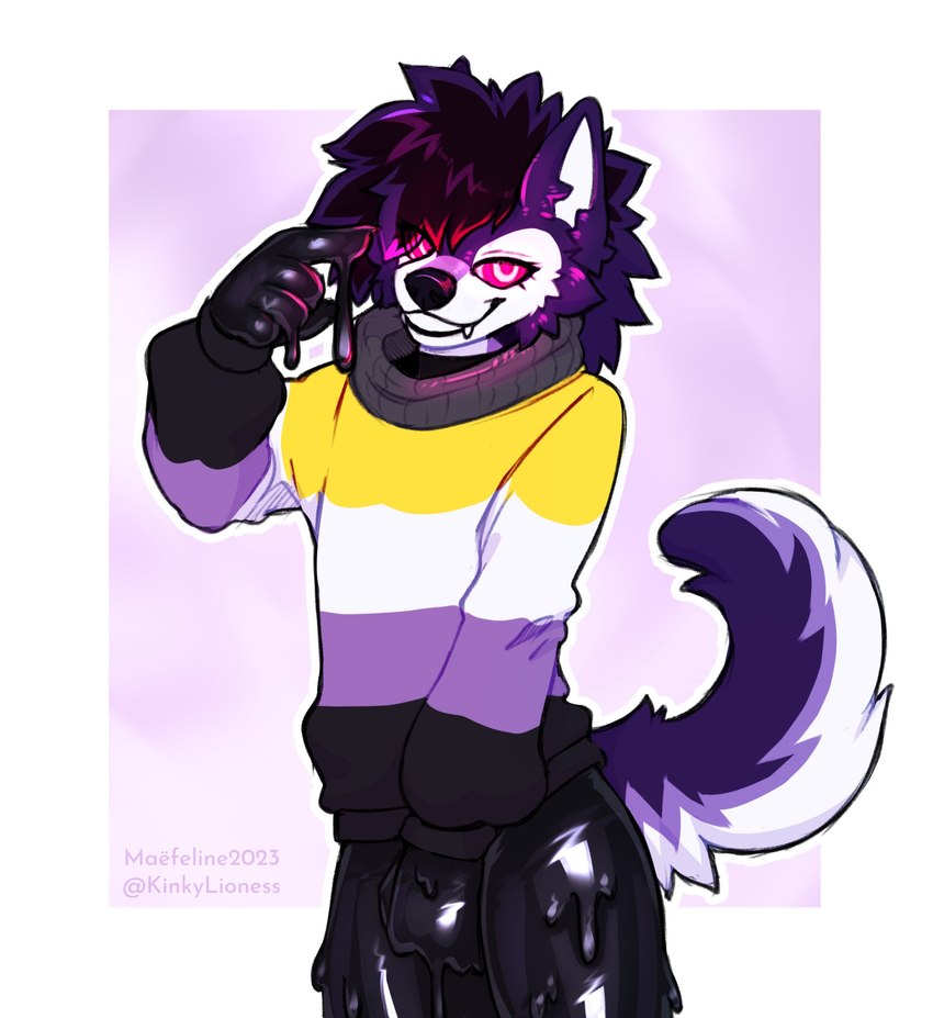 ambiguous_anthro ambiguous_gender anthro biped black_hair clothing fur goo_drip goo_suit hair hypnotic_eyes hypnotizing_viewer lgbt_pride looking_at_viewer nonbinary_pride_colors pride_colors purple_body purple_fur ringed_eyes simple_background slim_ambiguous slim_anthro smile solo sweater topwear white_body white_fur maefeline canid canine fox mammal 2023 hi_res