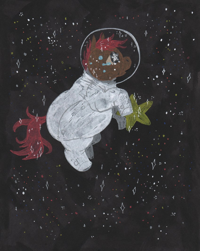 ambiguous_gender astronaut astronaut_suit bodily_fluids brown_body brown_fur cosmic_background crying feral fur hooves looking_up mane open_mouth red_mane red_tail sad side_view snout solo space space_background sparkles sparkling_eyes star tail tears unguligrade ed_mortis fluffy_pony fluffy_pony_(species) mammal 2024 full-length_portrait portrait traditional_media_(artwork)