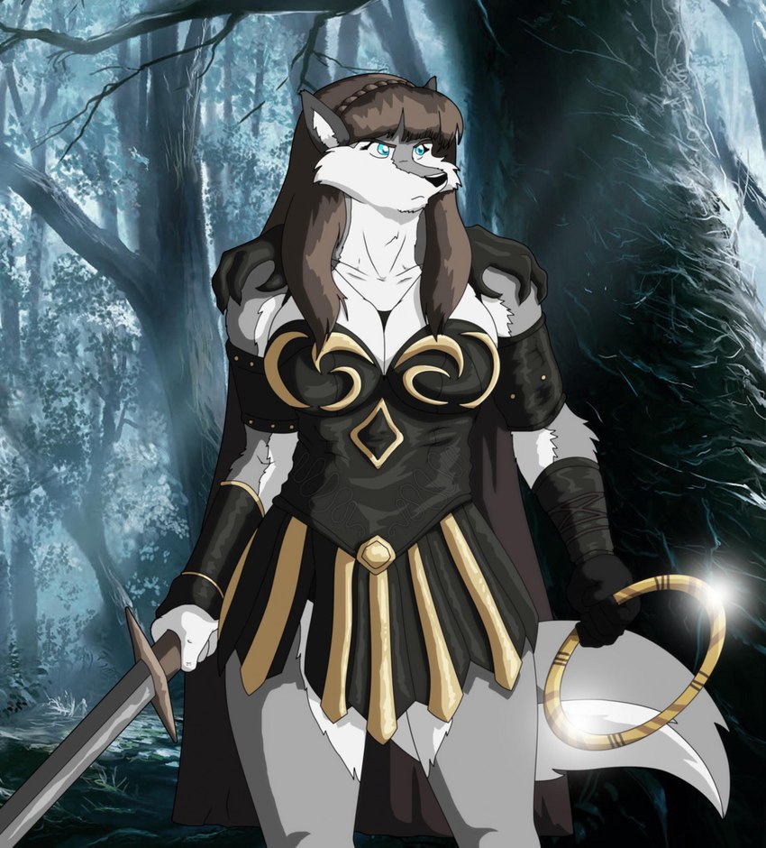 anthro big_breasts blue_eyes breasts brown_hair chakram clothed clothing cosplay female fur hair melee_weapon multicolored_body multicolored_fur solo sword two_tone_body two_tone_fur weapon xxsparcoxx xena_warrior_princess sophia_(xxsparcoxx) xena canid canine canis mammal wolf 2015 digital_media_(artwork) hi_res