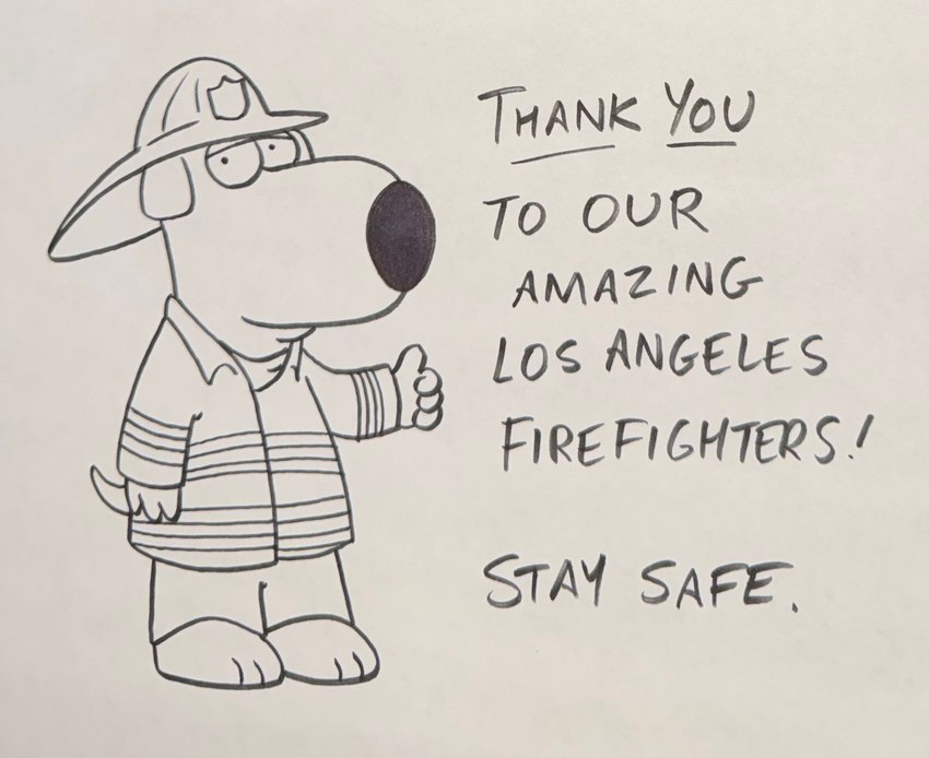 firefighter gesture hand_gesture looking_at_viewer male smile solo standing text thumbs_up seth_macfarlane family_guy brian_griffin canid canine canis domestic_dog mammal 2025 english_text hi_res