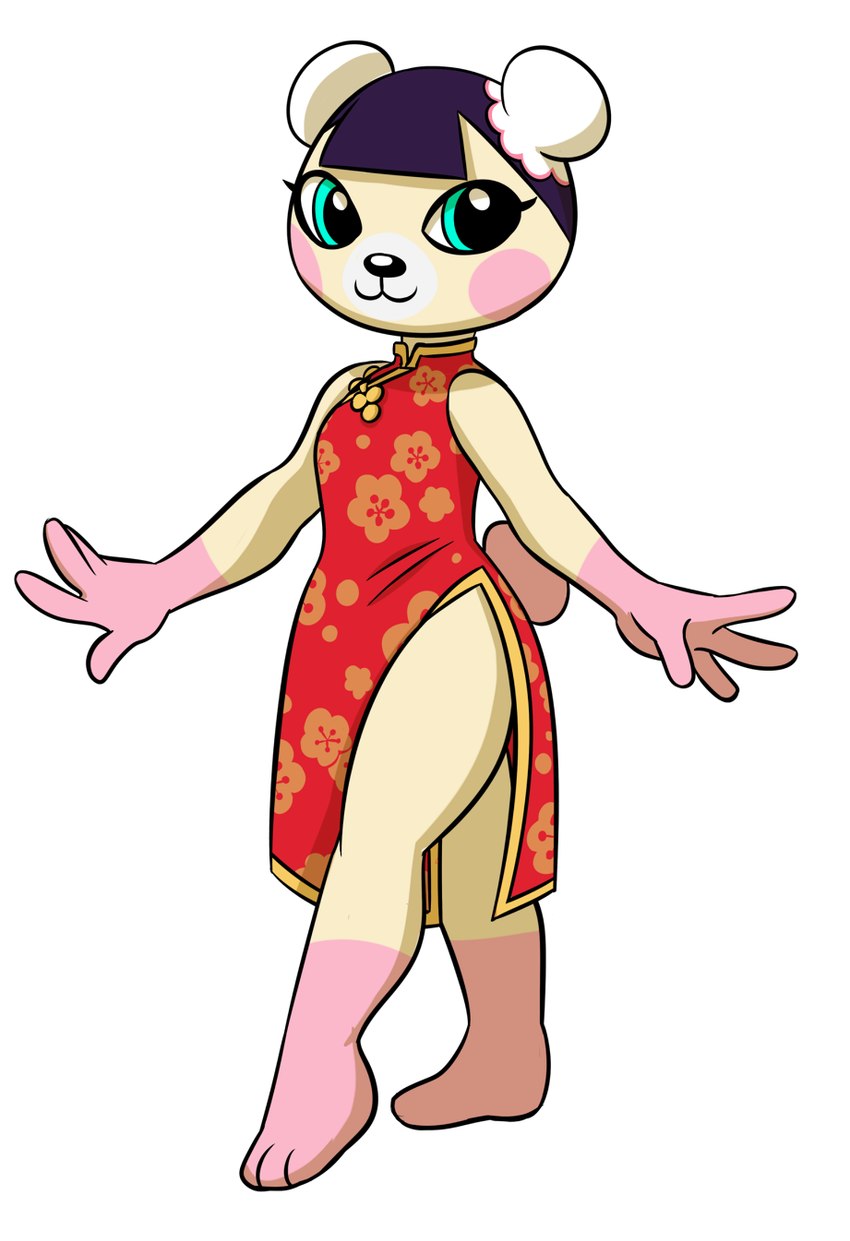 anthro asian_clothing barefoot black_nose blue_eyes chinese_clothing chinese_dress clothing dress east_asian_clothing feet female gloves_(marking) hair leg_markings looking_at_viewer markings red_clothing red_dress short_hair simple_background smile socks_(marking) solo tail white_background angelicmissmarie animal_crossing nintendo pekoe_(animal_crossing) bear mammal 2020 digital_drawing_(artwork) digital_media_(artwork) full-length_portrait hi_res portrait