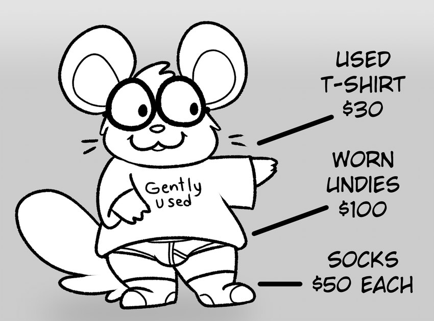 anthro black_text briefs buckteeth bulge clothing eyewear footwear glasses grey_background male money pantsless_anthro pantsless_male prices shirt simple_background smile socks solo t-shirt teeth text topwear underwear whiskers worn_clothing nishi_oxnard oxynard cricetid hamster mammal rodent monochrome