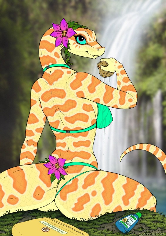 anthro big_pupils bikini breasts butt clothing fangs female flower furgonomics looking_back nipple_outline non-mammal_breasts orange_body orange_scales outside plant pupils purple_eyes scales sitting smile solo sponge swimwear tail tan_body tan_scales teal_clothing teal_sclera teal_swimwear teeth two-piece_swimsuit waterfall ultraviolet reptile scalie snake 2019 hi_res