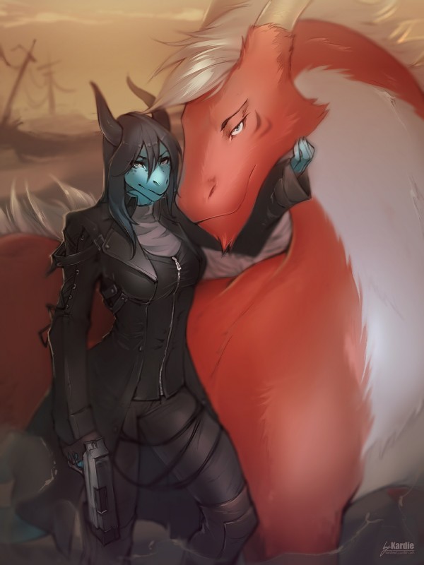 anthro breasts clothed clothing duo female feral fur hair horn larger_feral looking_at_viewer non-mammal_breasts outside ranged_weapon size_difference smaller_anthro smile weapon kardie mythology avi_(darkastray) axis_(darkastray) dragon furred_dragon furred_scalie mythological_creature mythological_scalie scalie 3:4 hi_res