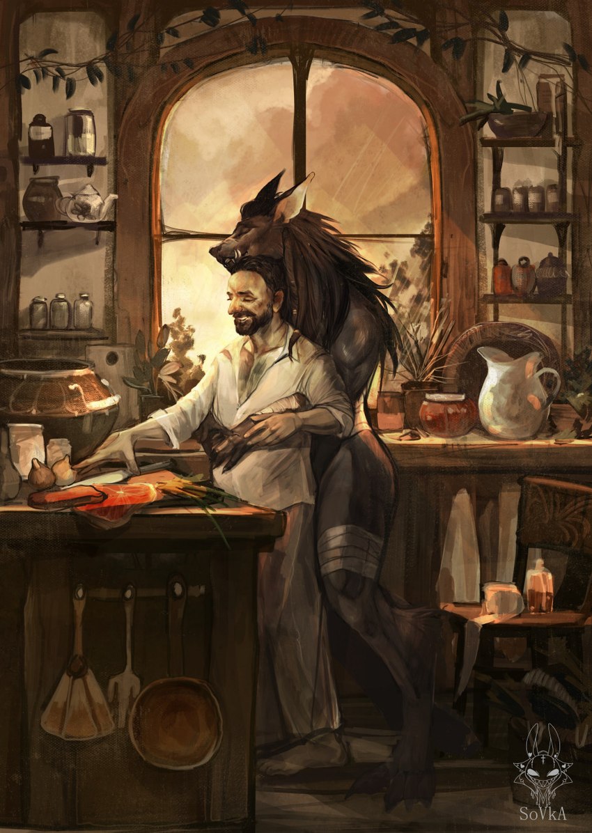 anthro bandage bandaged_leg beard claws clothed clothing detailed_background duo facial_hair fangs female hair hug inside kitchen kitchen_utensils larger_female long_hair male romantic romantic_couple size_difference smile teeth tools window drawing_sofa blizzard_entertainment warcraft canid canine canis human mammal werecanid werecreature wolf worgen 2022 digital_media_(artwork) hi_res signature