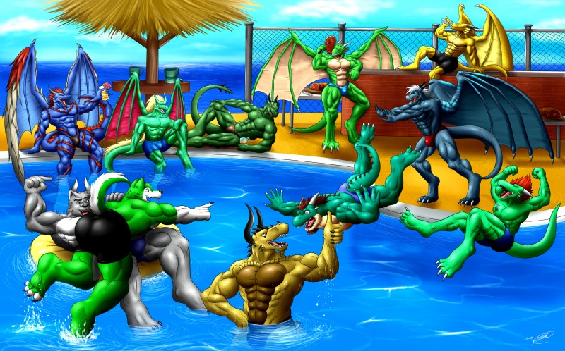 abs anthro athletic beach biceps big_muscles bottomwear clothed clothing fangs feathered_wings feathers fur group horn jokes lying male membrane_(anatomy) membranous_wings muscular muscular_male on_side open_mouth outside pecs scales seaside shorts sitting speedo standing swimming_pool swimwear tail teeth tongue topless water wings symbolhero european_mythology mythology epsilon88 gg_eudraco laggio malak mallikeet szlius_fruse_(crestcorp) tybalt_elric underax varanis_blackclaw canid canine dragon mammal mythological_creature mythological_scalie reptile scalie western_dragon absurd_res hi_res