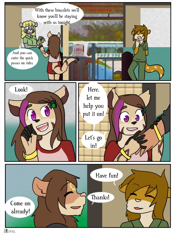 anthro brown_body brown_fur brown_hair clothed clothing dialogue female fur hair male outside purple_eyes text young young_anthro fiona_(artist) maddie_(manicmoon) twilight_(stitchy626) arachnid arthropod felid hybrid lion mammal mustelid otter pantherine procyonid raccoon spider 2019 comic english_text hi_res