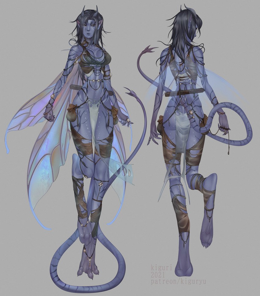 3_toes blue_body blue_skin bottomwear breasts clothed clothing digitigrade feet female gem hair horn humanoid_pointy_ears insect_wings loincloth long_legs long_tail looking_at_viewer not_furry pearl_(gem) pointy_ears presenting slim solo string tail thick_thighs thin_calves toes torn_clothing translucent translucent_clothing tribal wide_hips wings kiguri zalenya_(fox_xd) alien alien_humanoid fairy humanoid hi_res