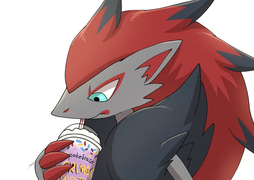 ambiguous_gender anthro beverage black_body black_fur blue_eyes claws container cup eyeshadow fur grey_body grey_fur hair makeup milkshake red_claws red_eyeshadow red_hair red_inner_ear simple_background solo tuft white_background rocking_jjj grimace_shake mcdonald's nintendo pokemon generation_5_pokemon pokemon_(species) zoroark absurd_res hi_res meme