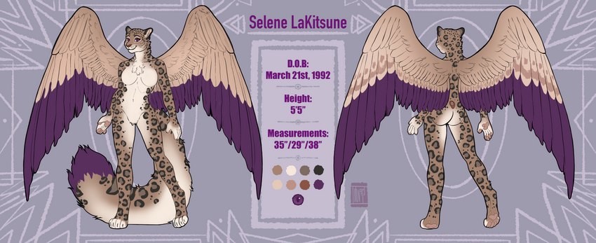 anthro avian_wings character_bio digitigrade feathered_wings feathers female fluffy fluffy_tail fur purple_body purple_eyes purple_fur solo tail white_body white_fur wings taylataur selena_kitsune avian felid mammal pantherine snow_leopard digital_media_(artwork) model_sheet