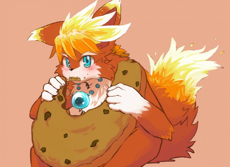 anthro biped blush cookie eating food food_in_mouth front_view jewelry looking_at_viewer male nude om_nom_nom pendant sitting solo whiteleo firefox mozilla feiya_(firefox) canid canine fox mammal