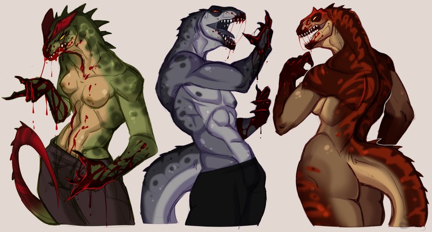 anthro blood bodily_fluids breasts butt claws female front_view group looking_at_viewer looking_back male muscular muscular_anthro nude open_mouth pose rear_view teeth trio saltyserpent acrocanthosaurus allosaurid allosaurus carcharodontosaurid dilophosaurid dilophosaurus dinosaur prehistoric_species reptile scalie theropod hi_res pinup portrait three-quarter_portrait